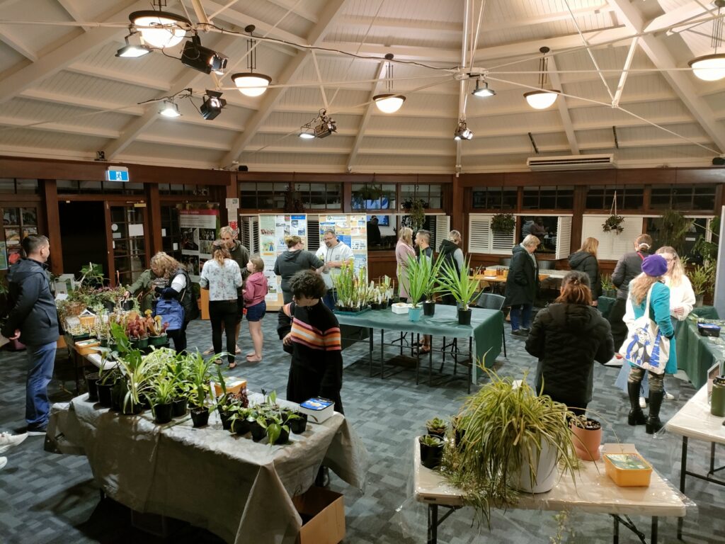 "Community members browsing local plants and sustainable products at a Christchurch Envirohub eco-event.
